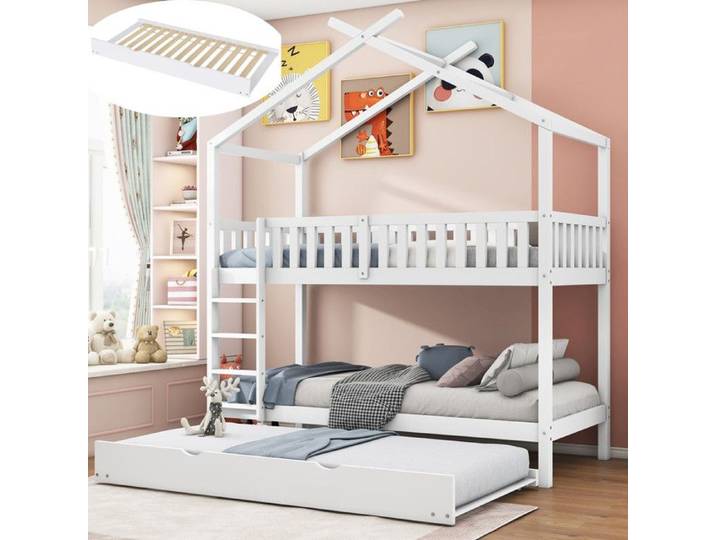 Lit superposé enfants 90X200 avec Lit gigogne 90X190 Lit superposé 3 places avec barrières Lit cabane avec sommier Cadre pin blanc
