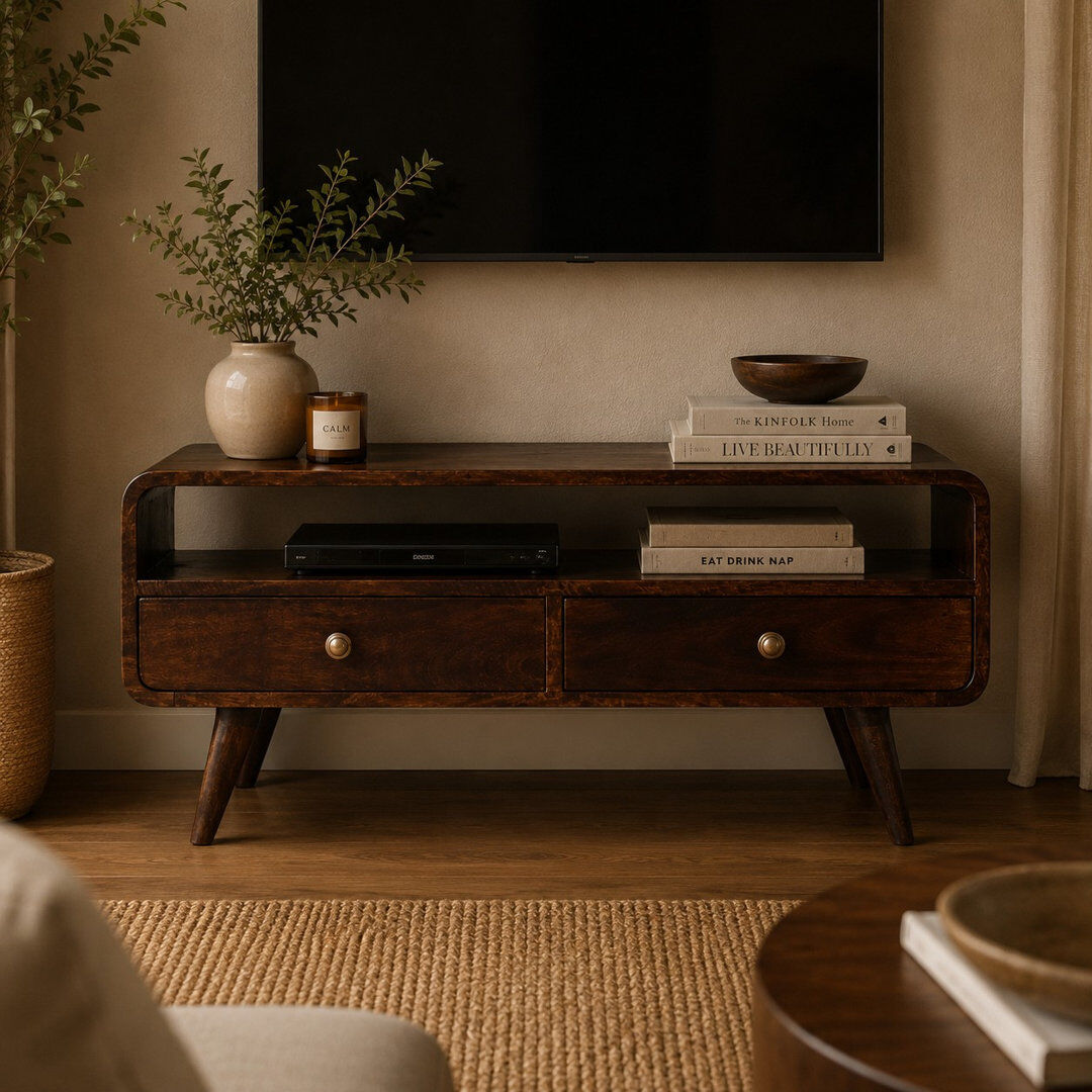 Corrigan Studio Media Unit Mango Solid Wood 47 cm H Media Shelves Brown 47cm H X 90cm W X 35cm D