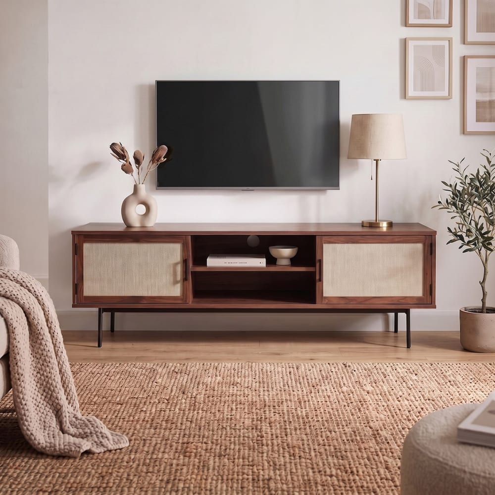 Calicosy Meuble tv décor noyer avec façades en tissu - l140 cm Marron 140x45x40cm