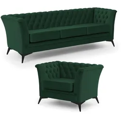 SITZGARNITUR 3+1 Chesterfield Whitby Flasche Grün Samt mit schwarzen Füßen