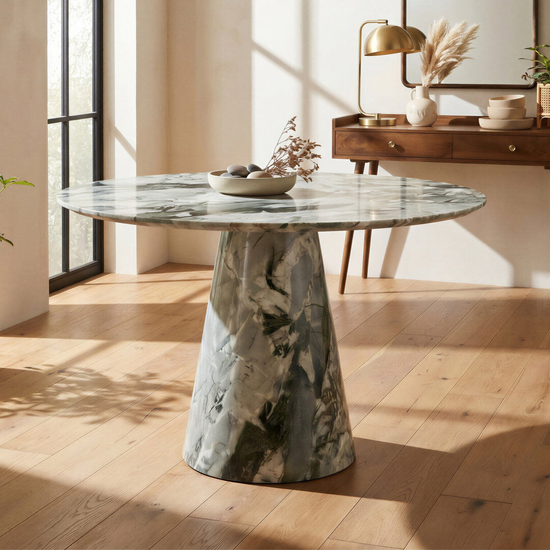 Canora Grey Edzard Statement Pedestal Round Dining Table - Luxury Modern Design Green Marble Top/Green Marble Base