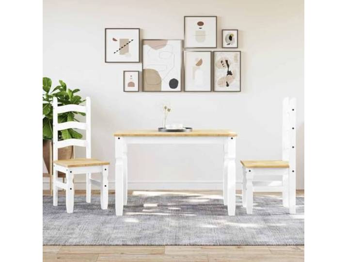 Molumvel 3-TLG. Sitzgruppe, Esstisch & Stühle, Kiefer Massivholz, Weiß Rustikaler Charme, Pflegeleichte Oberfläche, Minimalistisches Design