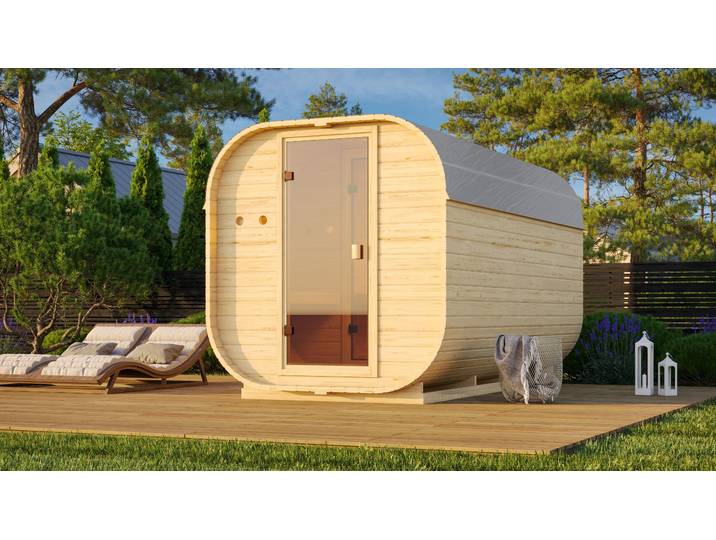 Fasssauna KARIBU Quadro 3 , beige (naturbelassen), ohne Ofen, ohne Steuerung, (ohne Ofen), Saunen, Fasssauna