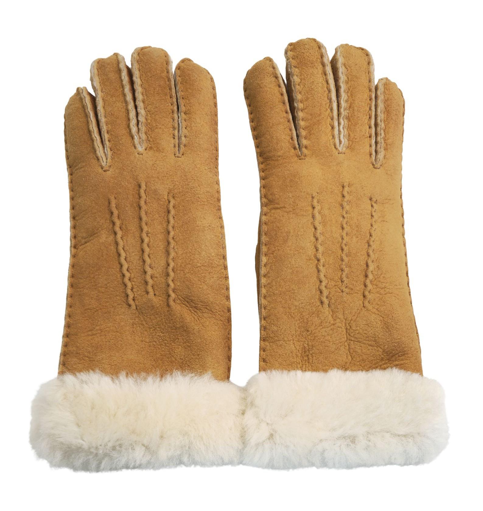 Dames Echte Bruine Schapenvacht Suède Handschoenen met Bont Manchet