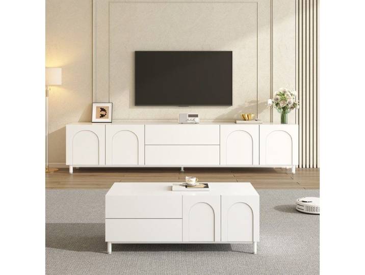 ULEVR Ensemble salon blanc avec meuble TV et table basse portes en arc panneaux de particules et MDF pieds métal