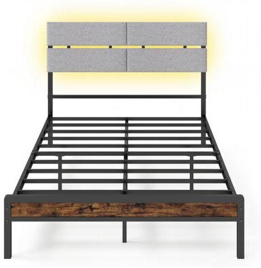 Costway Full Size Metal Bed Frame with LED Lights and Charging Station for Bedroom-Rustic Brown