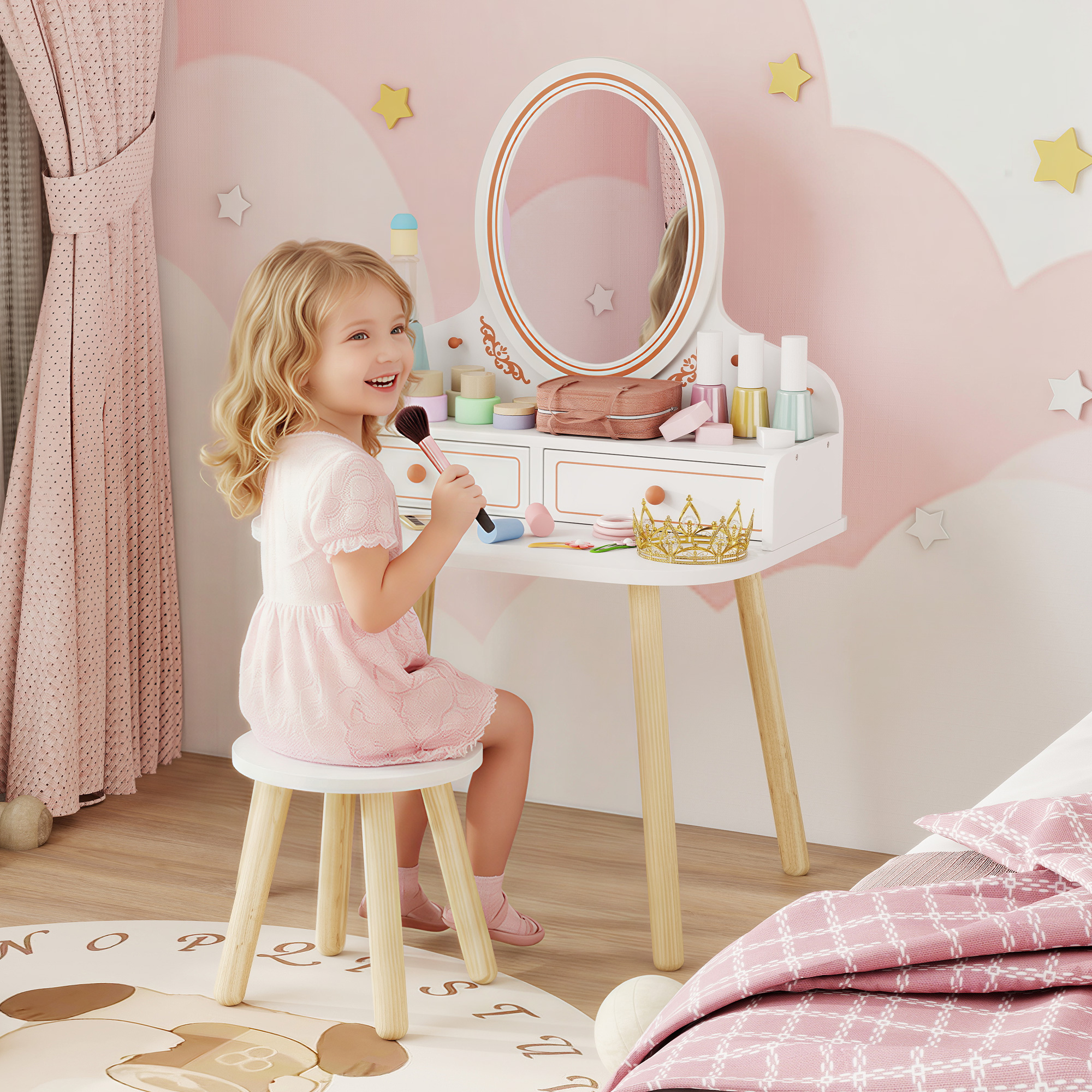 Aiyaplay Toeletta Trucco per Bambini 3 a 8 Anni, con Sgabello, Specchio, 2 Cassetti e Barre Appendiabiti, Bianco   Aosom Italy