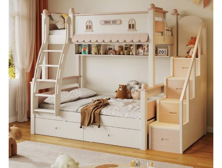 Xlmoebel Etagenbett XLMOEBEL Stockbett Beige aus Holz mit Schubladen und Stufen (Etagenbett, 1-St., Stockbett mit Schubladen), Made in Europa