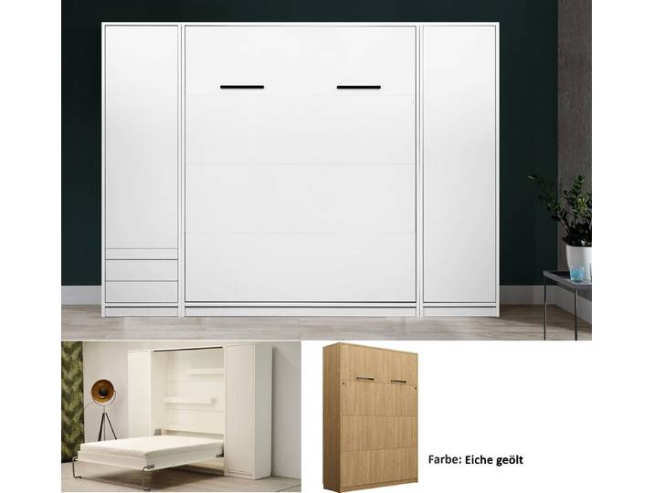 QMM TraumMöbel Schrankbett Wandbett modern vertikal GN 160 x 200 mit LED & 2 Schränken (Set, 3-St) vertikal klappbar, mit LED-Beleuchtung
