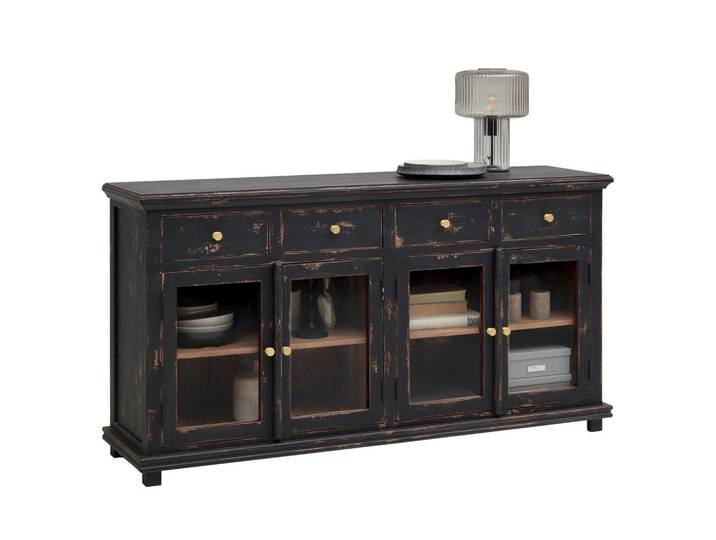 Ambia Home Sideboard, Schwarz, Holz, Glas, Akazie, vollmassiv, Used look, 4 Fächer, 4 Schublade(n) Schubladen, 160x85x42 cm, Typenauswahl, Beimöbel erhältlich, stehend, Wohnzimmer, Wohnwand, Wohnwand- Serien