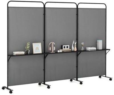 Costway 3-Panel Folding Room Divider with 3 Metal Shelves and Lockable Wheels-Gray