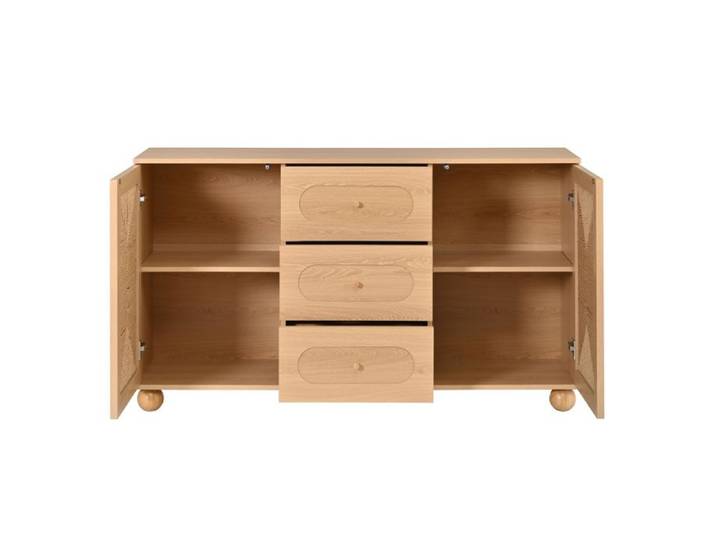 Buffet bas 140 cm - 2 portes tressées et 3 tiroirs - Naturel