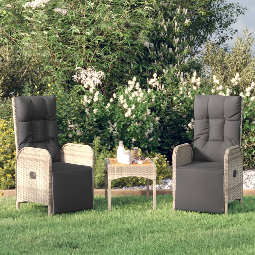vidaXL Sillas reclinables jardín 2 uds con mesa ratán sintético gris Gris
