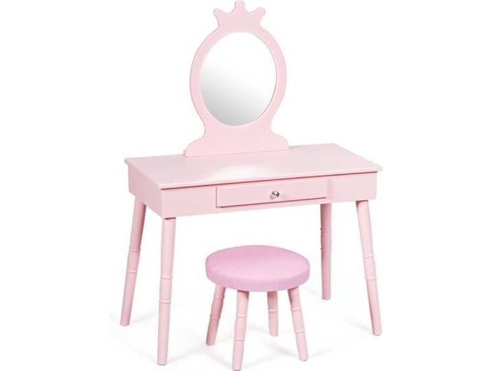 GIANTEX Ensemble Coiffeuse et Tabouret de Maquillage pour Enfants Coiffeuse avec Tiroir Tabouret Capitonné et Miroir Authentique