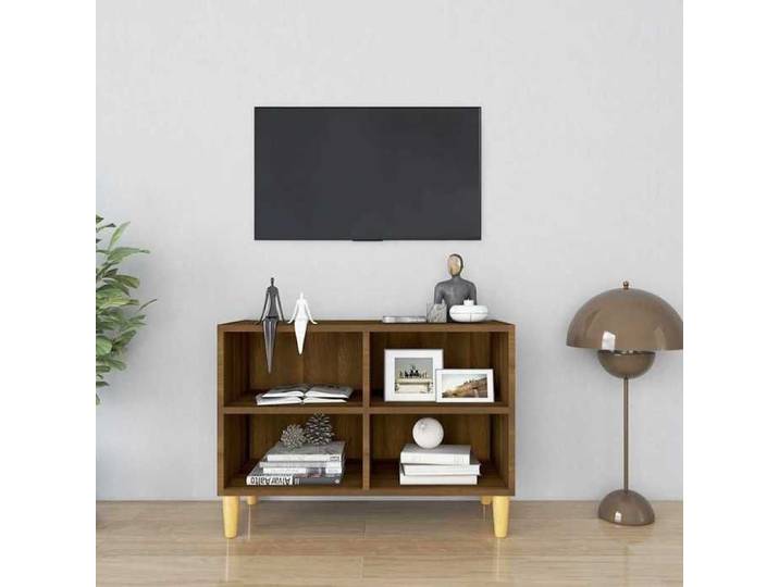 Meuble TV pieds bois massif chêne marron 69 5x30x50 cm meuble télé design classique compact