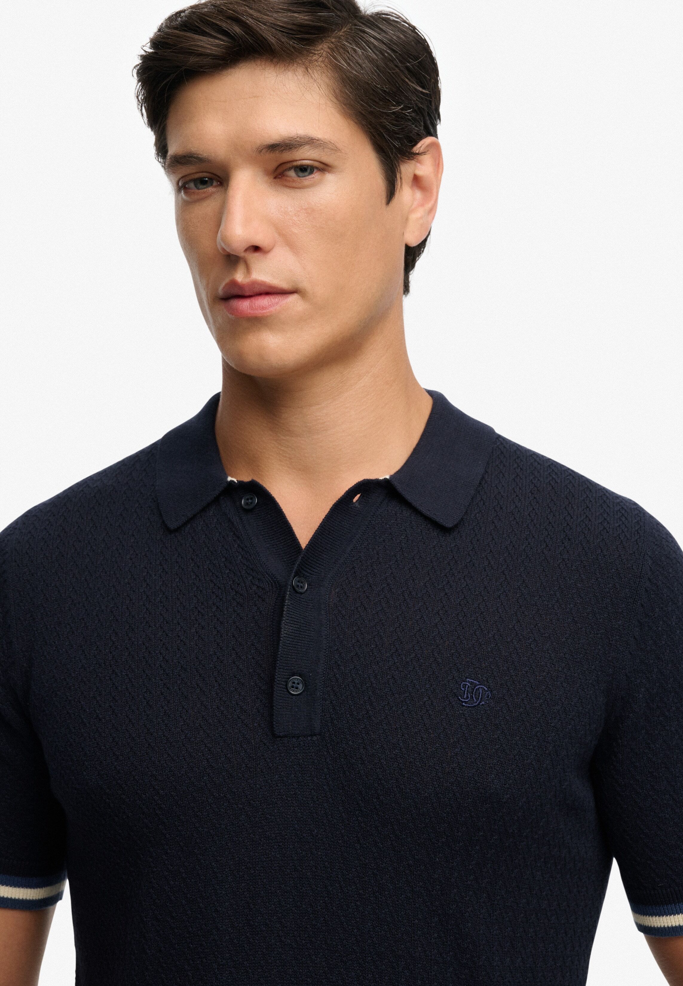 Poloshirt SUPERDRY "KNITTED TEXTURE S/S POLO", Herren, Gr. XL, blau (classic navy stag), Single Jersey, Obermaterial: 100% Baumwolle, unifarben, relaxed fit normal, Rundhals, Shirts Poloshirt, Baumwolle, relaxed fit classic navy stag XL