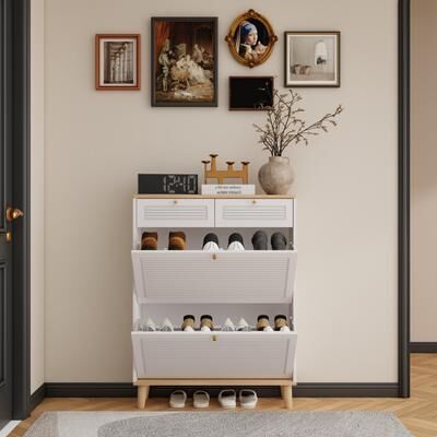 Kodotan sofa Shoe Cabinet With 2 Flip-Up Doors,2 Drawers,Narrow Shoe Rack Cabinet,Freestanding Shoe Organizer,Natural Wood Legs