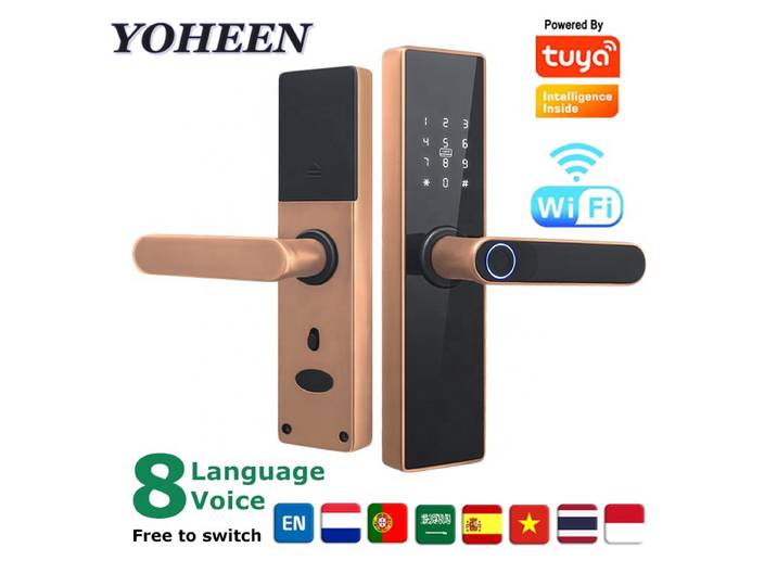 Serrure de porte intelligente à empreintes digitales, sécurité biométrique, Tuya, Wifi, électronique, carte intelligente, clé, bois, maison