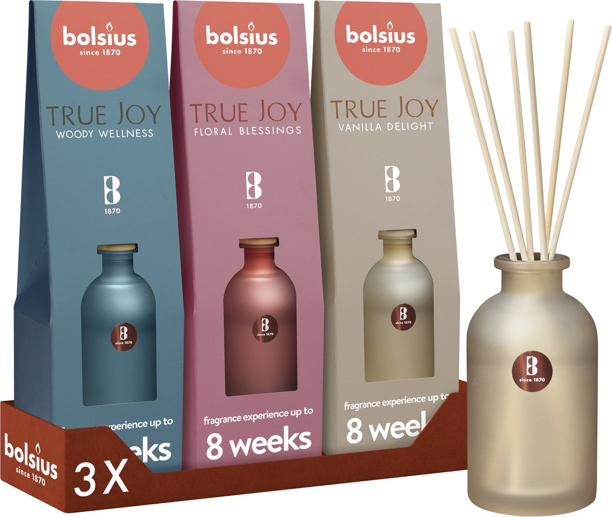 Bolsius Geurstokjes True Joy Giftset - 80 ml - Vanilla Delight, Floral Blessings en Woody Wellness