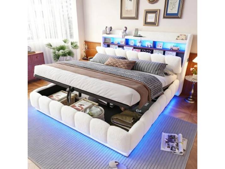 Merax Polsterbett 180x200 cm mit Hydraulik, Lammfellstoff, LED & USB – Weiß (Ohne Matratze)