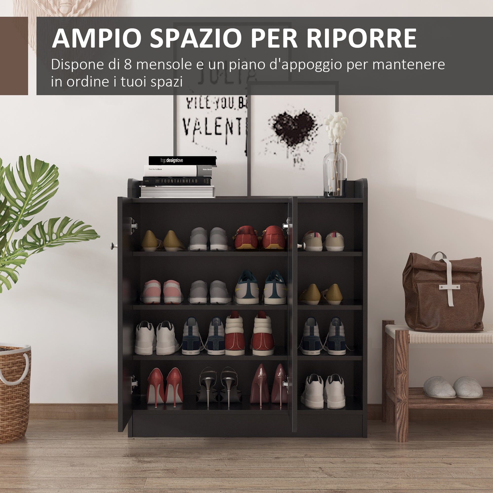 benzoni Scarpiera Mobiletto in Legno 4 Ripiani Nero 83x30x90 cm...