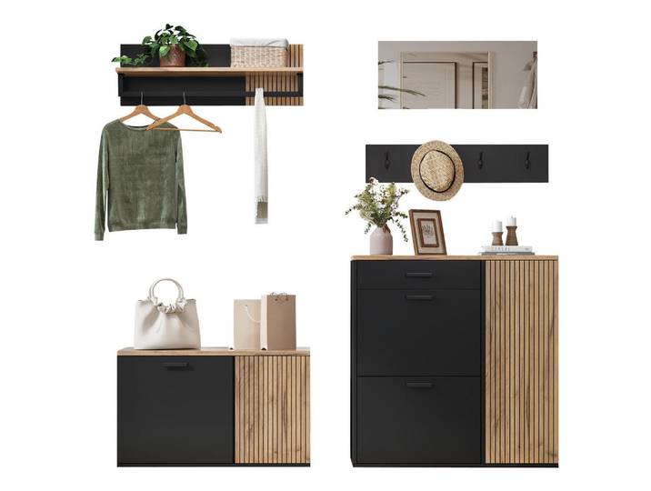 Flora Grace Schuhschrank 85/36/85 cm in Natur/Schwarz mit Schuhschrank und Sitzbank, Naturfarben, 85x85x36 cm, Garderobe, Schuhaufbewahrung, Schuhschränke