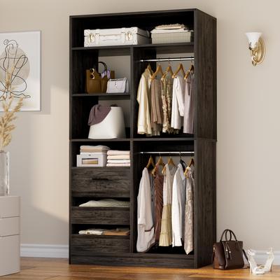 Rackcog "Qvella 36"" Freestanding Closet System With 3 Drawers and 2 Hanging Rods,Multi-Purpose Wardrobe Closet Rack"