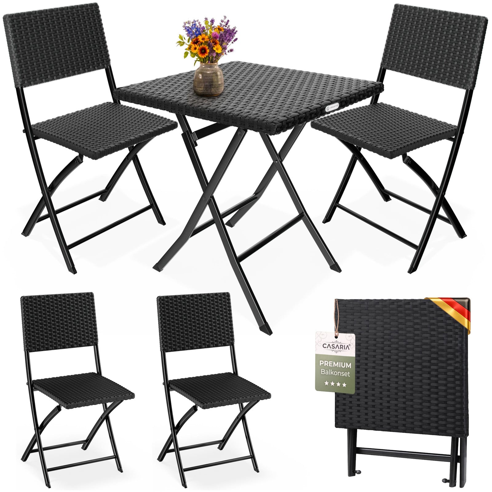 Casaria Polyrotan Balkonmeubilair Set, 3-delig, Inklapbaar, Zwart