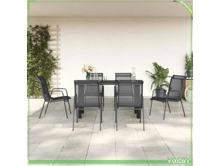 Ensemble à manger de jardin - FAFEICY - Ensemble 7 pièces - Noir - Textilène & acier - Table verre trempé