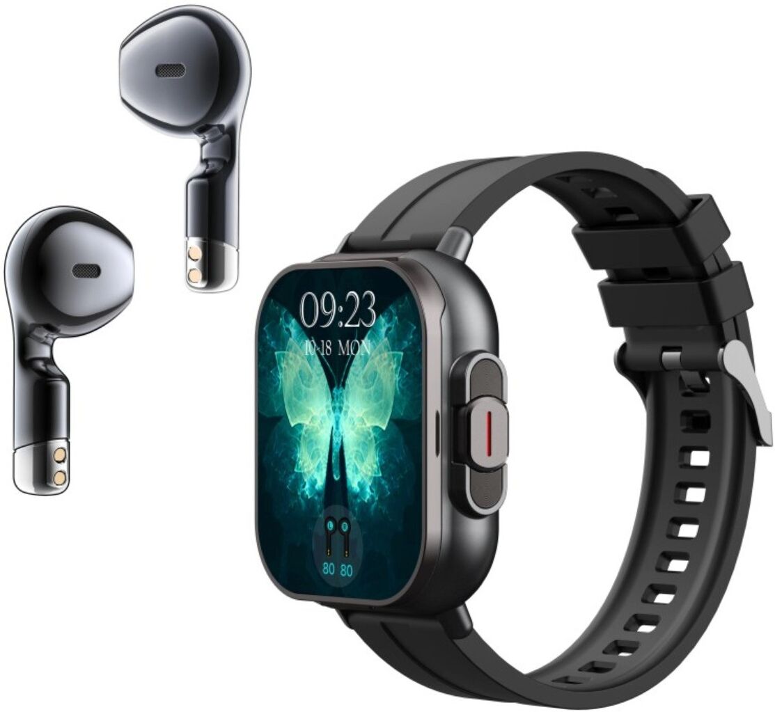 INF 2-in-1 TWS Smartwatch mit 2.01 inch TFT, Bluetooth 5.3, NFC, magnetischer Ladebox, kompatibel mit Alipay Schwarz