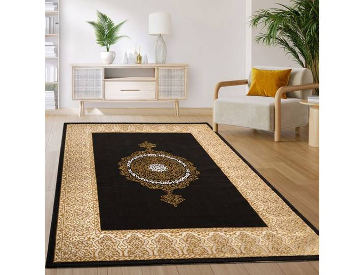 Paco Home Tapis Salon Chambre Vintage Oriental Motif Abstrait Noir Or Or 160x220 cm