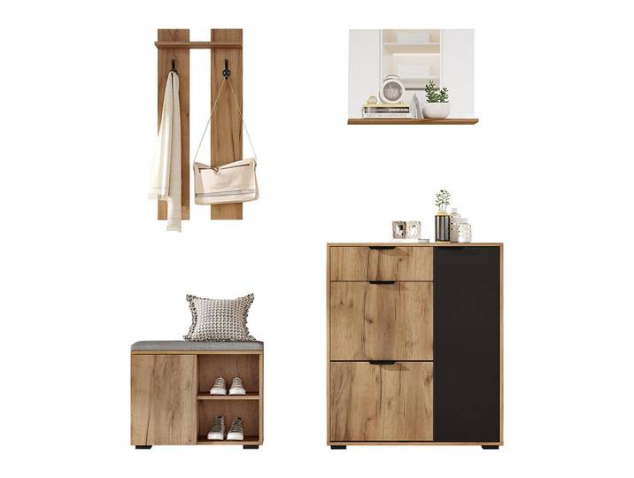 Komhtom Garderobe in B140× T35 × H139 cm,Naturfarben und Schwarz, Mode, 140x139x35 cm, Garderobe, Garderoben-Sets & Garderoben-Serien, Garderoben-Sets