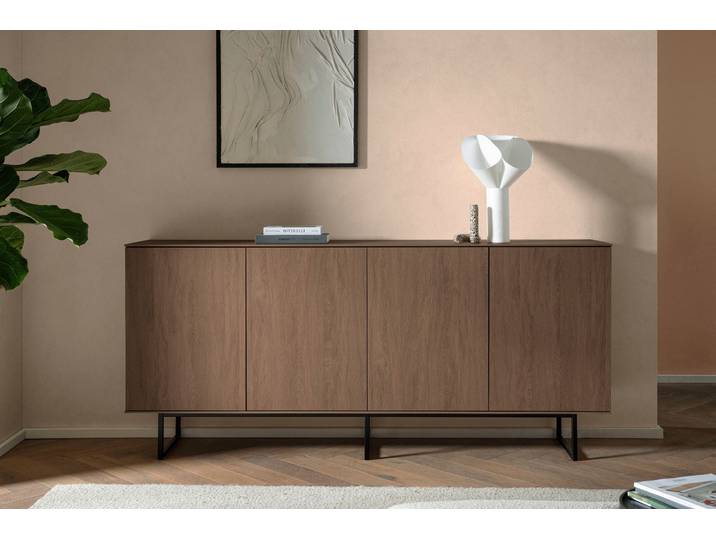 Sideboard HOME AFFAIRE Lund, moderner Schrank, Kommode mit Kufengestell , braun (nussbaum), B:200cm H:90cm T:40cm, Holzwerkstoff, Sideboards, Sideboard, optisch dünner Oberboden, hochwertige Optik, ausreichend Stauraum