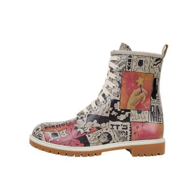 Schnürboots DOGO "Long Boots Schnürstiefel Star Girl Damen Stiefeletten, Longe", Damen, Gr. 39, Normalschaft, bunt (beige), Lederimitat, Schuhe Schnürboots, Handgefertigt