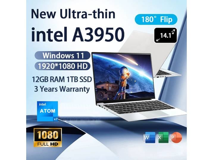 FUCHU Ordinateur portable 14,1 pouces Windows 11 Intel Atom A3950 12 Go de RAM 2 To SSD M.2 PC ultra fin Ordinateurs portables de bureau Ordinateur portable d'étude Ordinateur portable de jeu