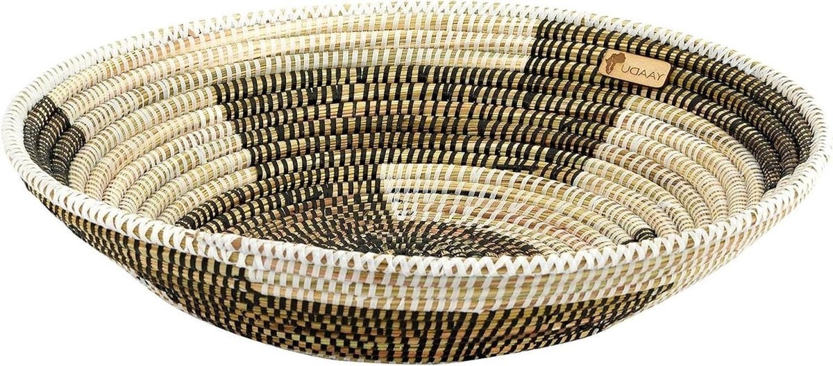 Gevlochten decoratieve mand zwart-wit met een diameter van 40 cm