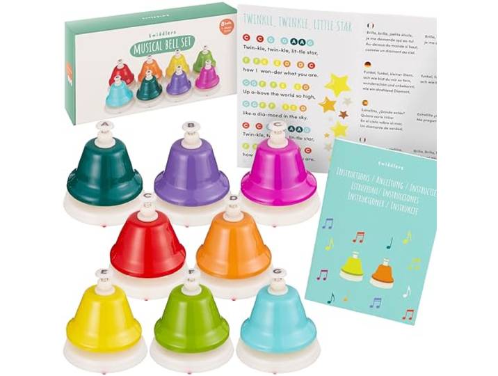 THE TWIDDLERS 8 Noot Kleurrijke Handbellen Set met Muziekblad & Geschenkdoos voor Baby's en Kinderen - Montessori Muziekbellen