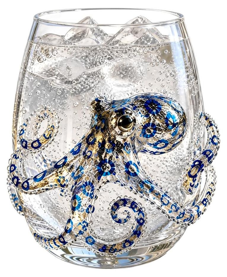 Dripio Octopus-wijnglas met blauwe ringen, 320 ml, zonder voet