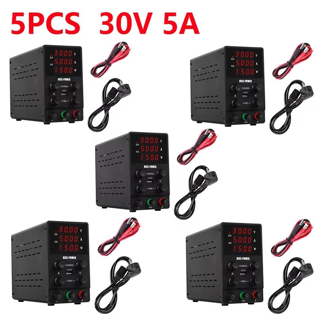 Labornetzgerät - Einstellbares Gleichstrom-Netzteil - 30 V, 0-5 A - Digitalanzeige - Bis 150 W - 220-V-EU-Stecker - 5er-Pack - Schwarz