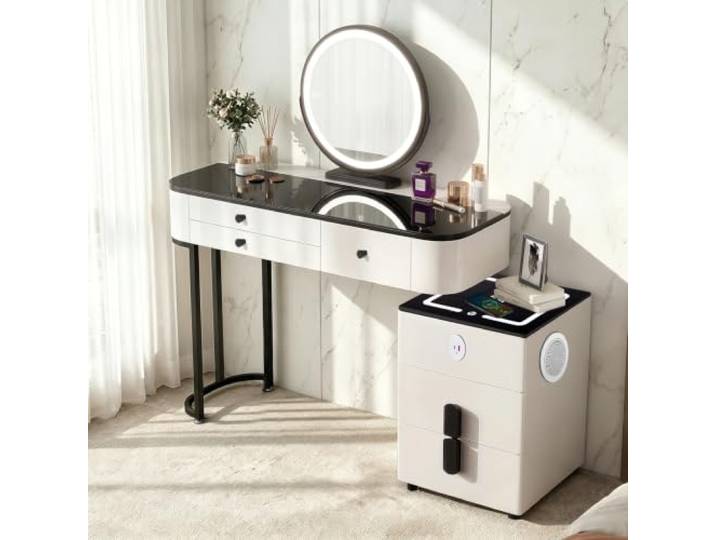 MJKCBD Schminktisch mit Spiegel, Frisiertisch mit Schubladen Organizer 100cm Vanity mit Glasplatte, 40cm Verschiebbarer Schrank, Massivholz, PU-Leder, Moderner für Schlafzimmer & Make-up, Weiß