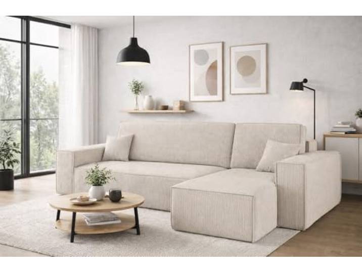 Kaiser Möbel, Ecksofa mit schlaffunktion, mit Bettkasten, Schlafsofa Best, Designer Sofa, Modern Design Couch, Polsterecke, Freistehend, Dicker Cord, Beige Rechts