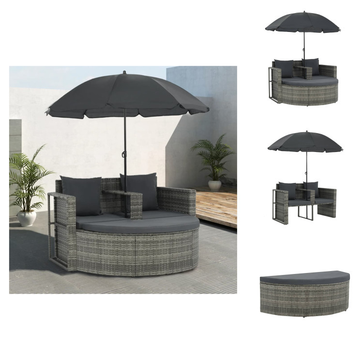 vidaXL Gartenbett mit Sonnenschirm Grau Poly Rattan - Gartenbetten