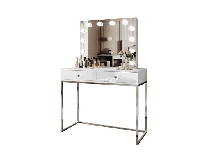 SCHMINKTISCH BLANCO GLAMOUR ELITE mit Spiegel und Beleuchtung Weiß Hochglanz Kristallgriff
