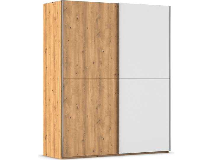 Schwebetürenschrank, Holz teilmassiv, Asteiche & Glas Kristallweiß, 181×223×68 cm, 2 Türen, Modern, Rauch