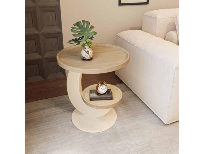 KAFHGEIN Runder Beistelltisch mit 2 Ebenen und Massivholzplatte Beistelltisch mit Massivholzplatte und offener Ablage für Sofa, Bett, Wohnzimmer, Schlafzimmer und kleine Räume
