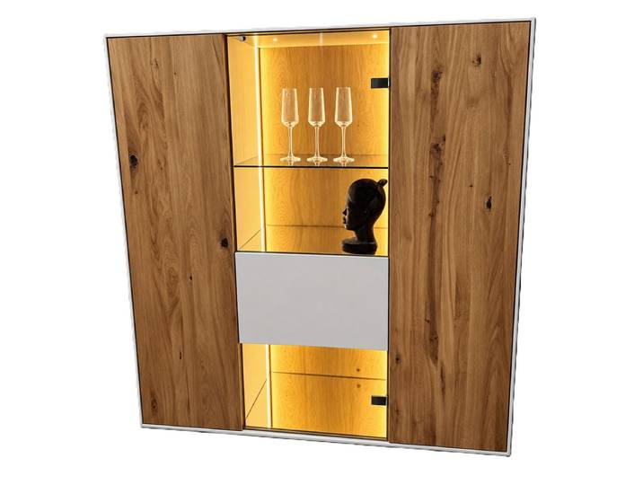 Highboard 'Milano' Wildeiche massiv & MDF creme inkl.Beleuchtung