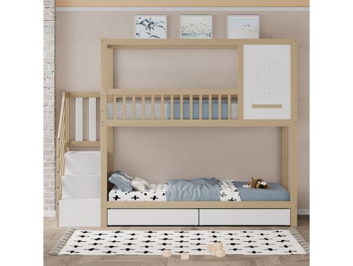 Lit superposé enfant en bois massif style maison avec échelle rangement et tiroirs