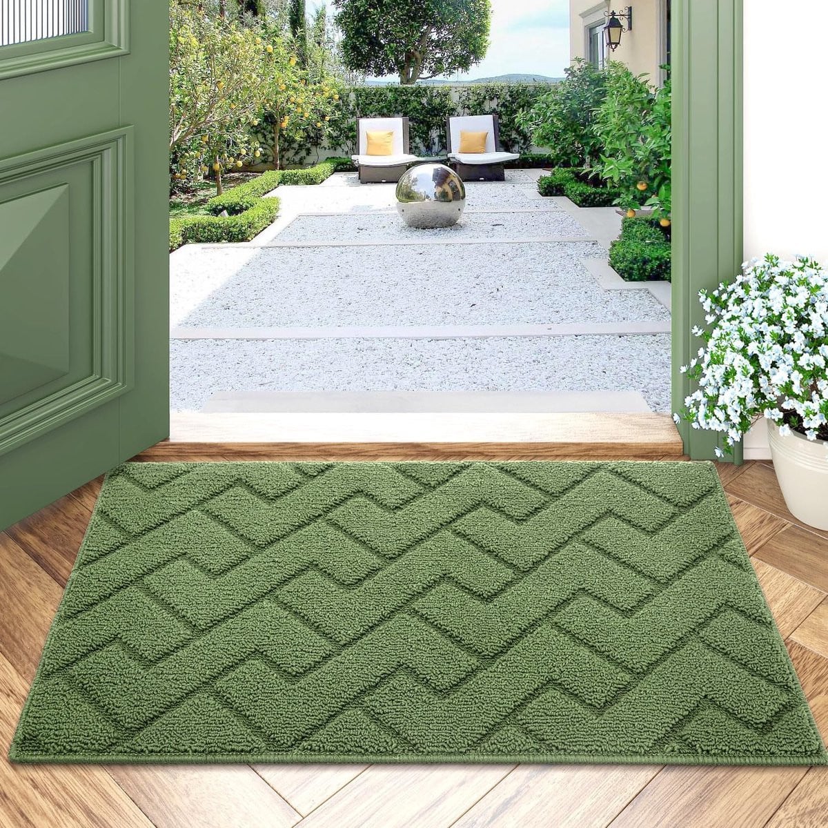 Groene buiten deurmat met grafisch design, antislip en wasbaar