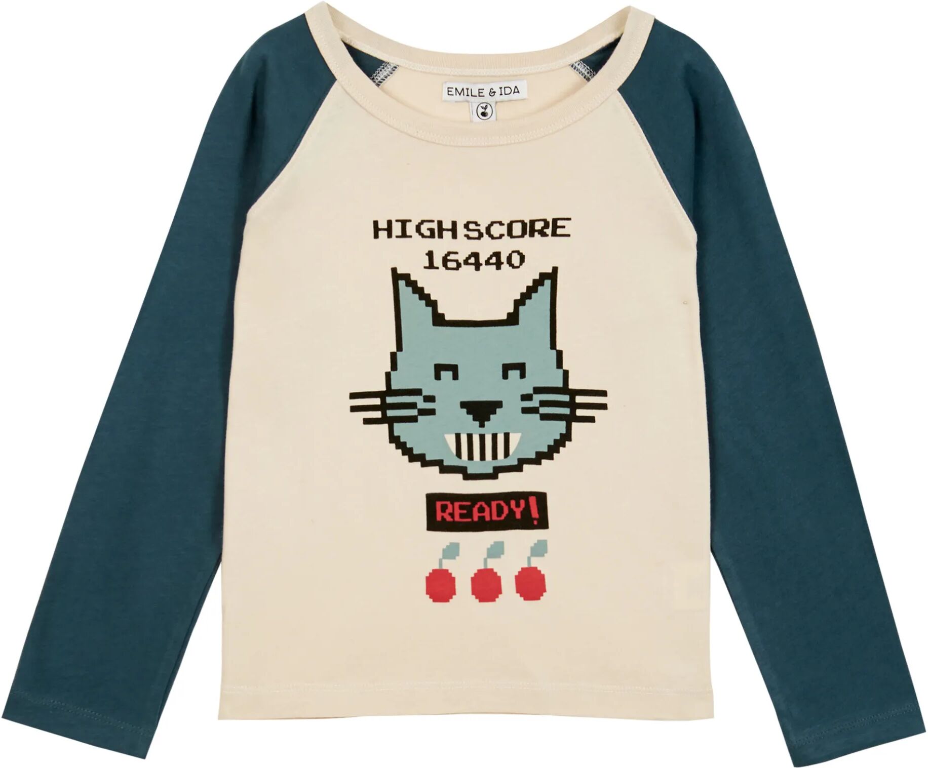 Emile et Ida T-Shirt Coton Bio Bicolore Chat Ecru 6 mois