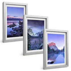 BILDER SET 3er Set - 20x30 cm Silberner Rahmen - Berglandschaften, Sonnenuntergang, Wasser